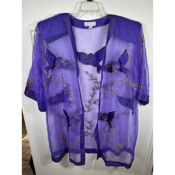 MIJOLI Other - VTG MIJOLI Purple Sheer Kimono Cardigan Gold Embroidered Bird Womens 18 Festival
